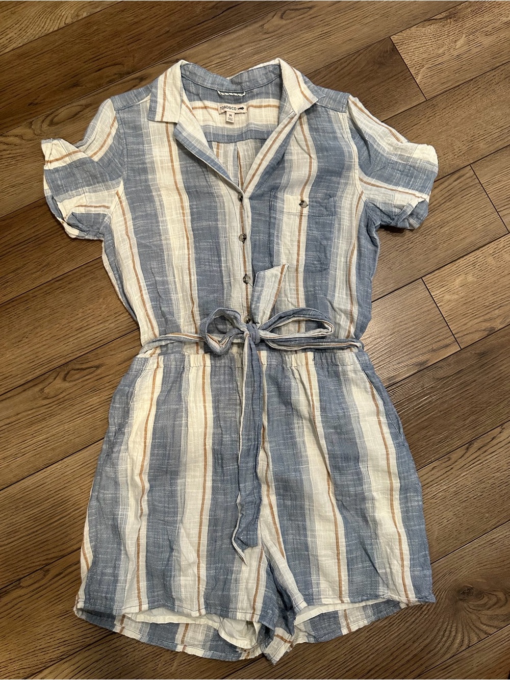 Toad&Co Blue and Cream Striped Short Sleeve Romper